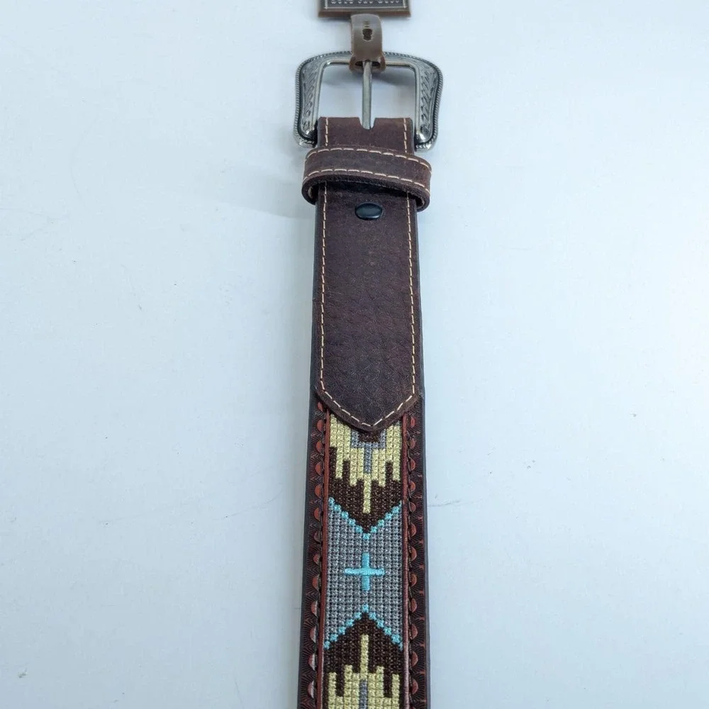 Roper Men's Aztec Embroidered Belt with Buckle, Brown, Size 32